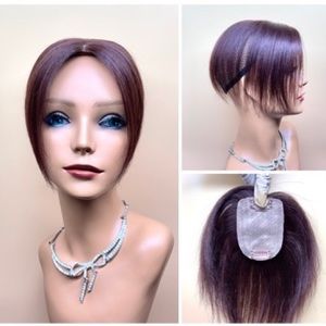 8” 100% Human Hair Burgundy Dark Brown Silk Lace Base Thin Clip In Hair Topper